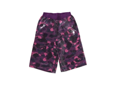 A BATHING APE Color Camo Ape Head Sequin Sweat Shorts "Purple"