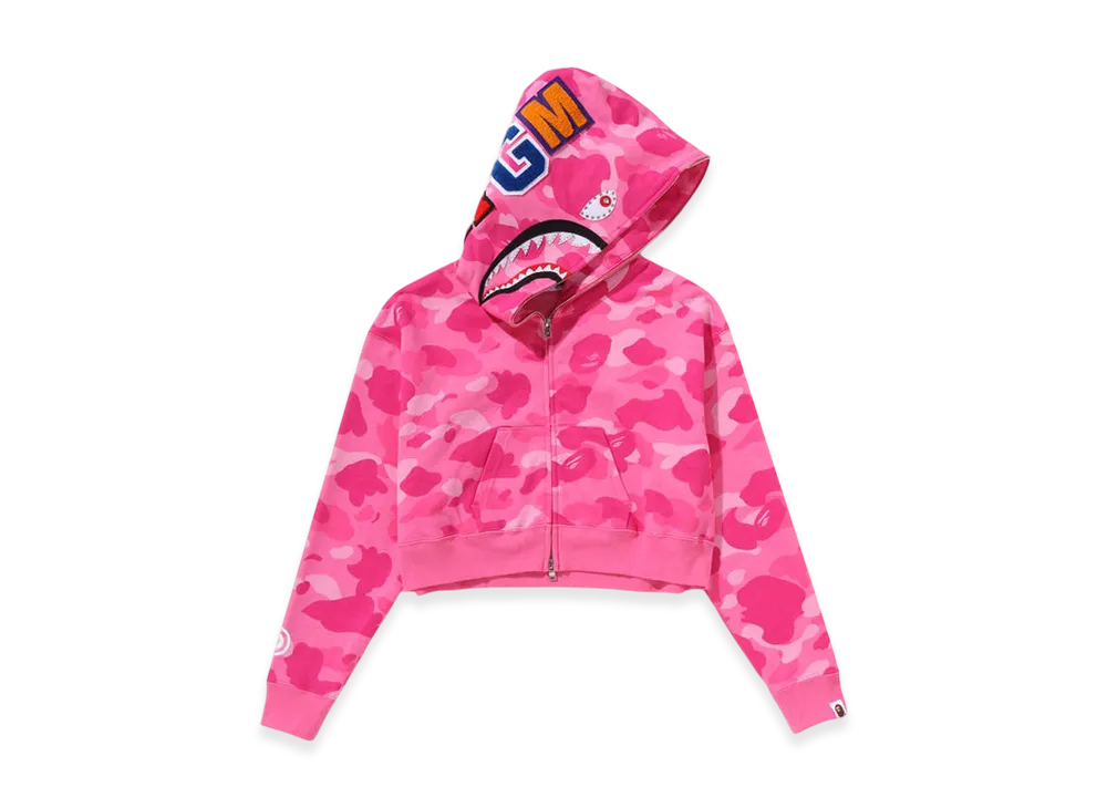 A BATHING APE Color Camo Crystal Stone Shark Cropped Full Zip Hoodie "Pink"