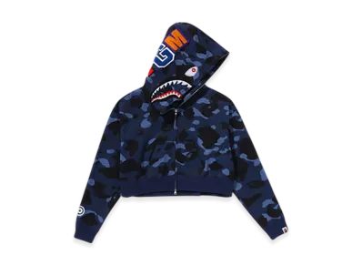 A BATHING APE Color Camo Crystal Stone Shark Cropped Full Zip Hoodie "Navy"