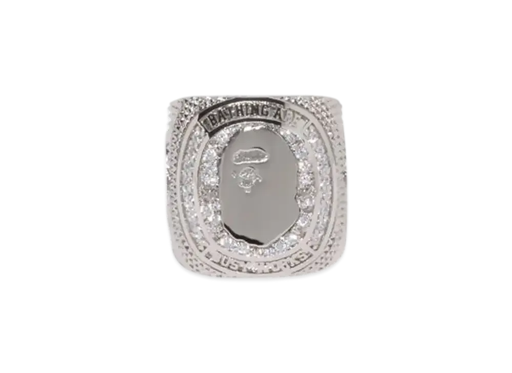 A BATHING APE Rhinestone College Ring "Silver"