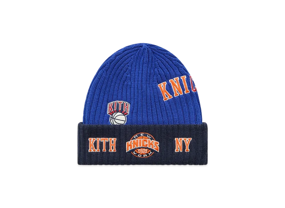 Kith x New Era for the New York Knicks All Over Patches Knit Beanie "Royal"
