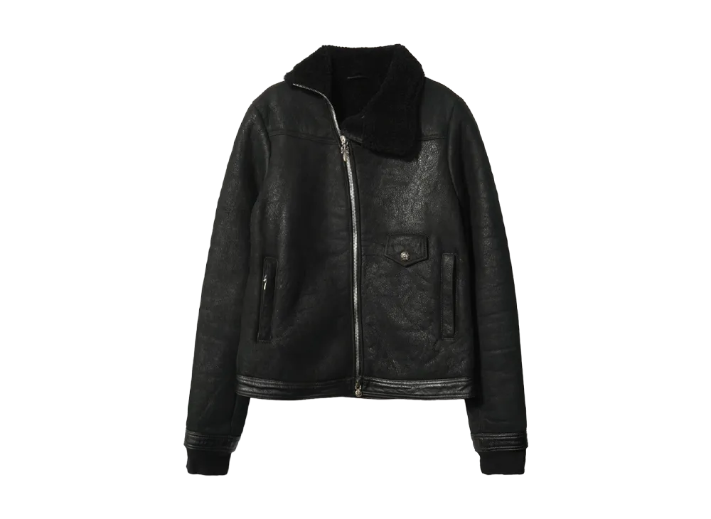 Chrome Hearts WARTHOG 2 LTHR Cross Ball Dagger Scroll Label Mouton Leather Jacket "BLACK"