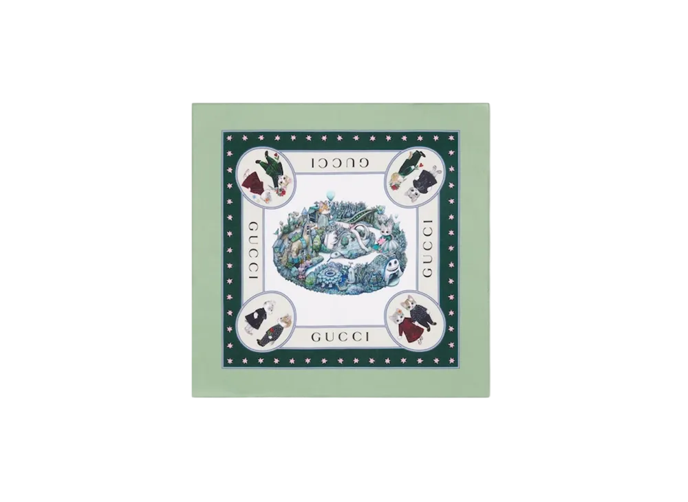 グッチ x ヒグチユウコ コットン ハンカチ 日本限定 "ターコイズブルー/アイボリー"