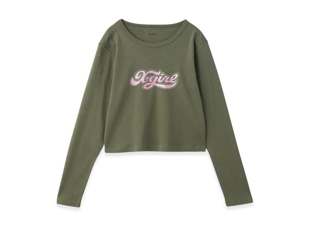 X-Girl Rhinestone And Glitter Logo L/S Baby Tee "Olive"