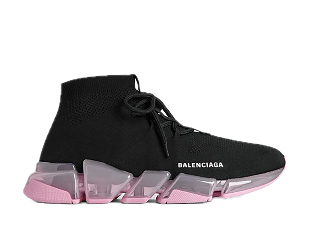 バレンシアガ ウィメンズ スピード 2.0 レースアップ フル クリア ソール リサイクルニット スニーカー "ブラック/ライトピンク"
