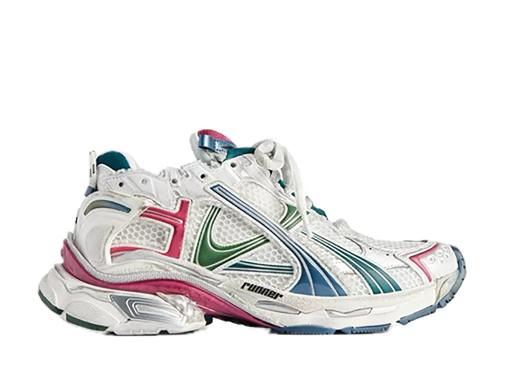 BALENCIAGA Women's Runner Sneakers "White/Dark Green/Blue/Pink"