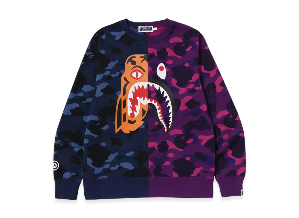A BATHING APE Color Camo Tiger Shark Crewneck Sweatshirt "Navy"