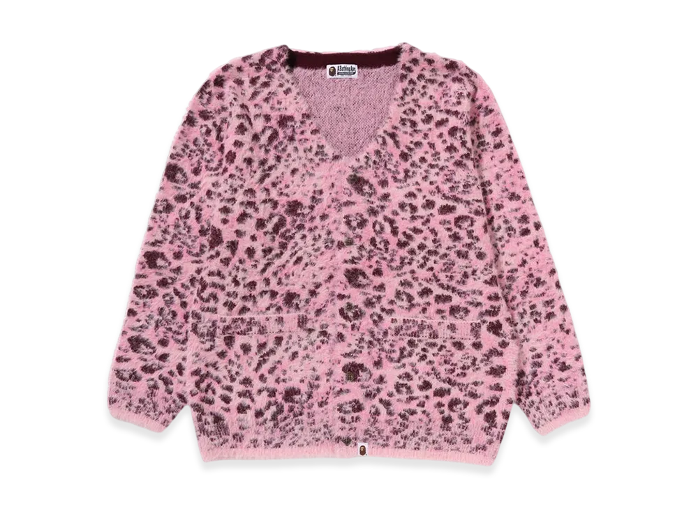 A BATHING APE Wild Leopard Pattern Shaggy Knit Cardigan "Pink"