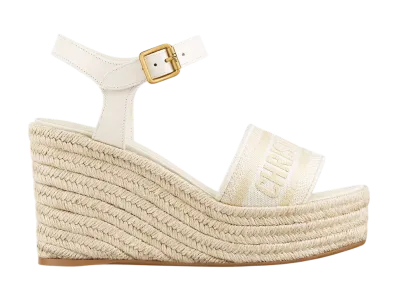 Dior Women's Dway Wedge Sandal Calfskin & Embroidered Cotton "White"