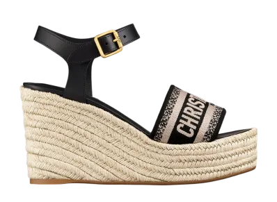 Dior Women's Dway Wedge Sandal Calfskin & Embroidered Cotton "Black"