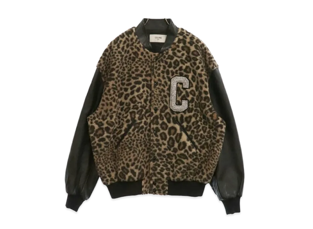 CELINE Embroidered Patch Leopard Print Fleece Teddy Jacket "Brown"