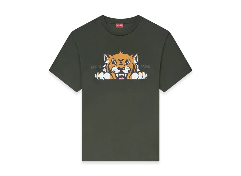 KENZO Happy Tiger Embroidered Cotton T-Shirt "Dark Khaki"