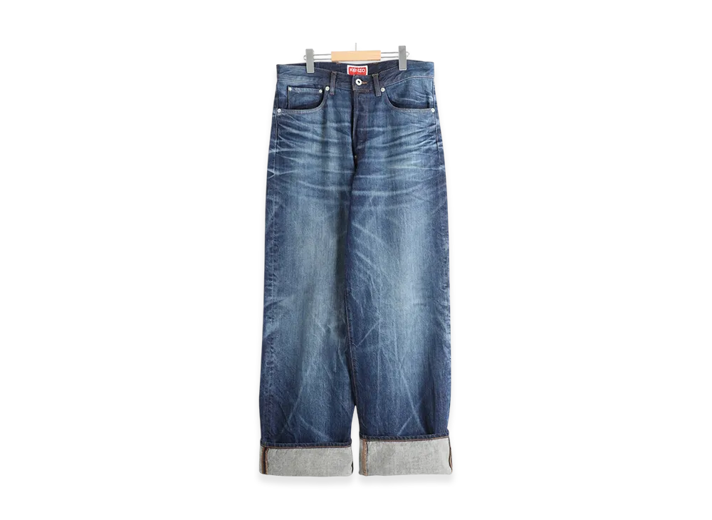 KENZO Turn Up Wide Fit Jeans "Stone Bleached Dirty Blue Denim"