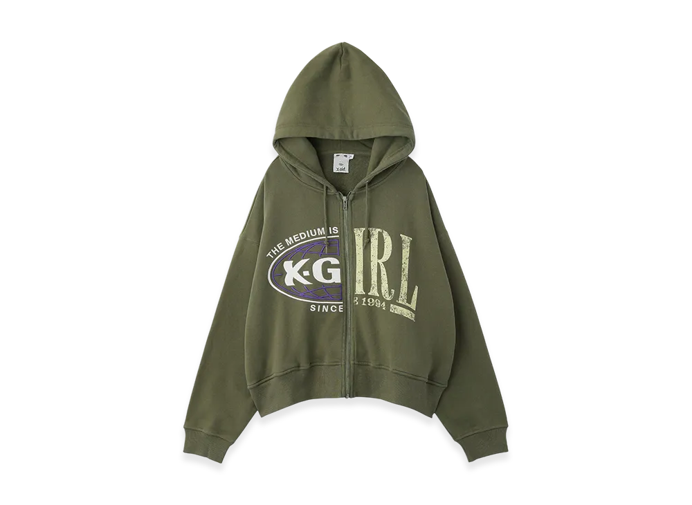 X-Girl Paneled Graphic Zip Up Sweat Hoodie "Olive"