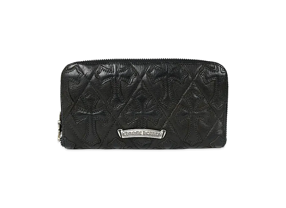Chrome Hearts REC F Zip Cemetary Cross Quilted Destroy Leather Wallet "Black"