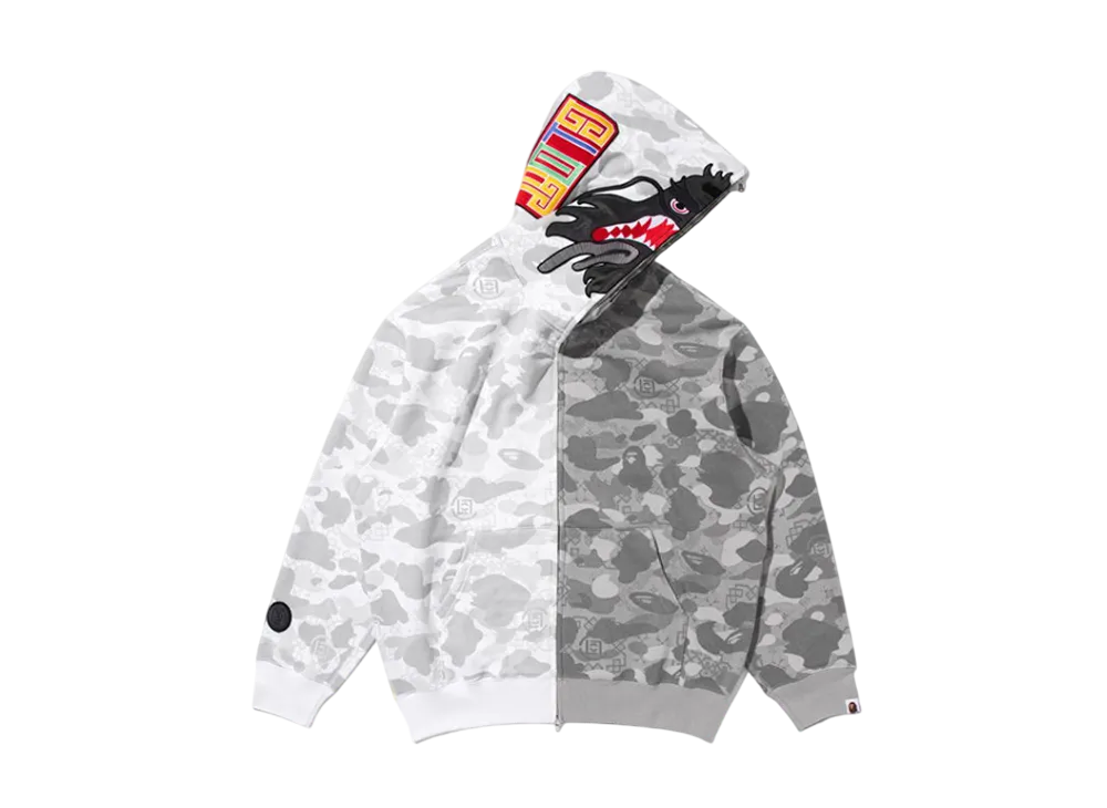 A BATHING APE x CLOT Camo Split Relaxed Fit Shark Full Zip Hoodie "Gray"