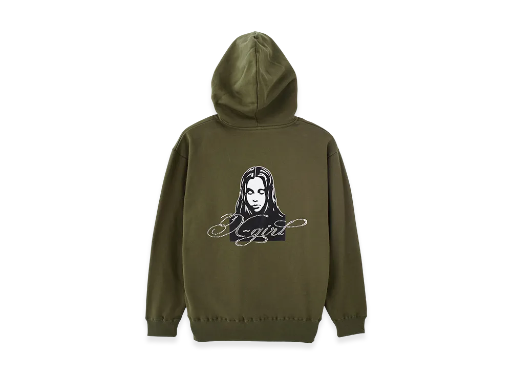 X-Girl Rhinestone Logo And Face Zip Up Sweat Hoodie "Olive"