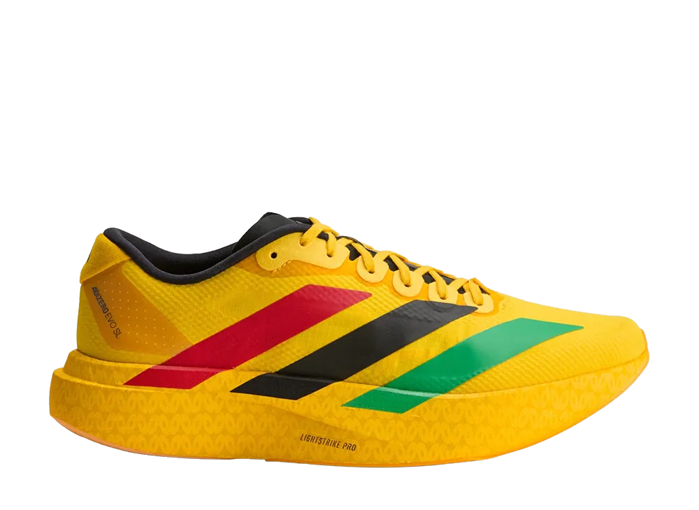 ボブマーリー × アディダス アディゼロ エヴォ SL "ボールドゴールド/ビビッドグリーン/ピュアルビー"