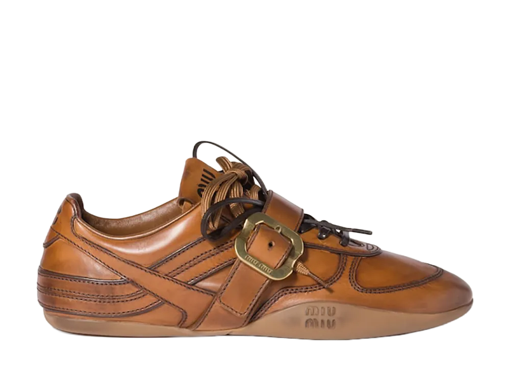 ミュウミュウ ウィメンズ ジムナジウム レザー スニーカー バックル付 "コニャックブラウン"