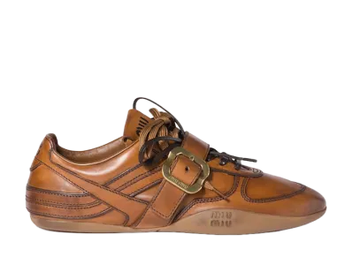 Miu Miu Women's Gymnasium Leather Sneakers with Buckle "Cognac Brown"