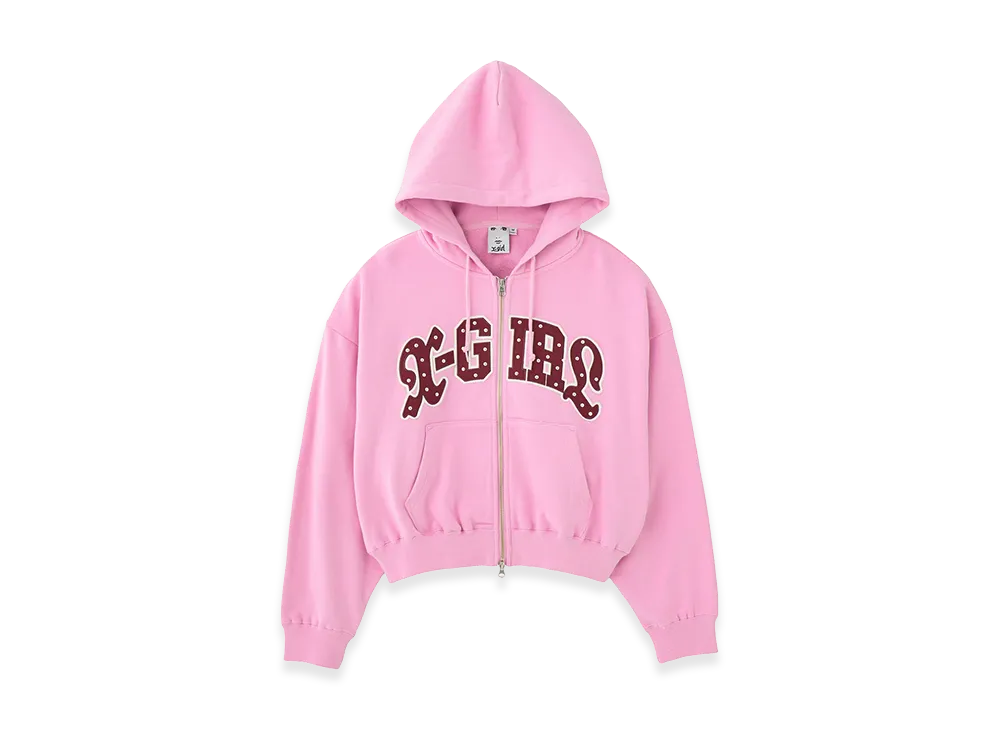 X-Girl Studded Logo Zip Up Sweat Hoodie "Light Pink"