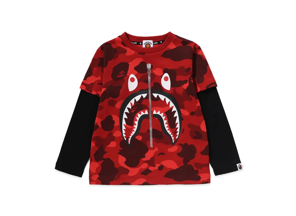 A BATHING APE Kids Color Camo Shark Layered Ls Tee "Red"