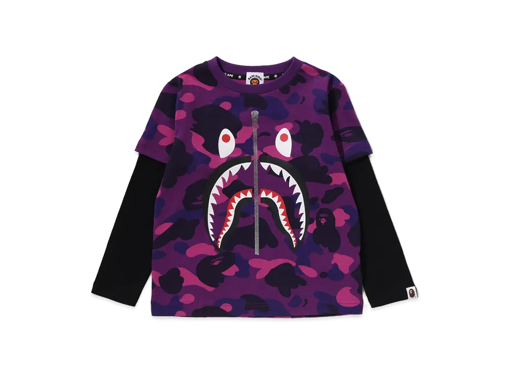 A BATHING APE Kids Color Camo Shark Layered Ls Tee "Purple"