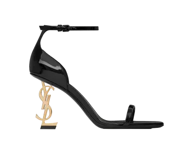 Saint Laurent Women's Opyum Sandals In Patent Leather Gold Toned Heel "Black"