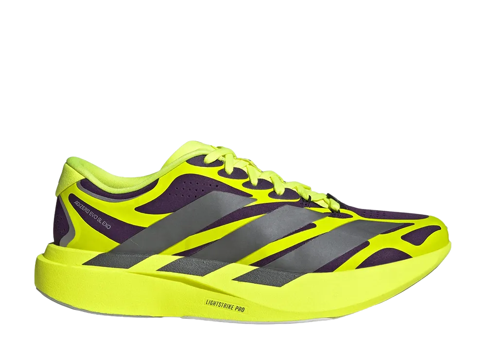 アディダス アディゼロ EVO SL EXO シューズ "オーロラプラム/アイアンメタリック/ソーラーイエロー"