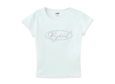 X-Girl Rhinestone Oval Cursive Logo S/S Baby Tee "White"