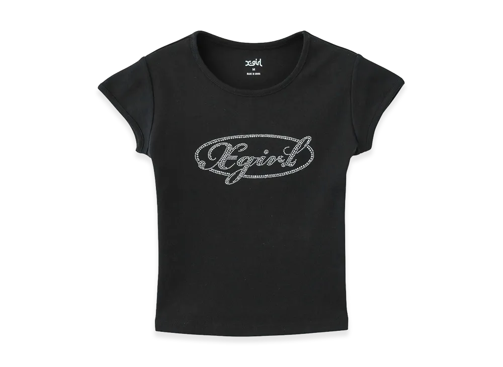 X-Girl Rhinestone Oval Cursive Logo S/S Baby Tee "Black"