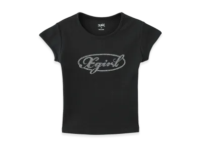 X-Girl Rhinestone Oval Cursive Logo S/S Baby Tee "Black"