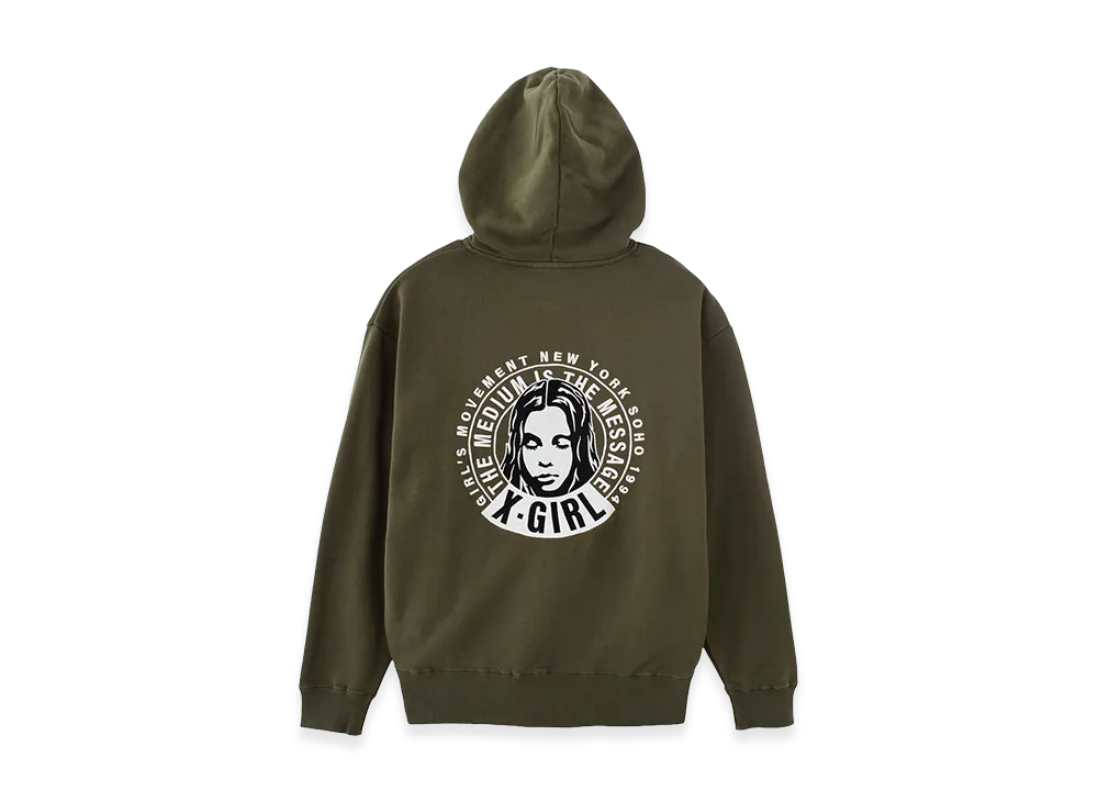 X-Girl Circle Message And Face Zip Up Sweat Hoodie "Olive"