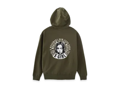 X-Girl Circle Message And Face Zip Up Sweat Hoodie "Olive"