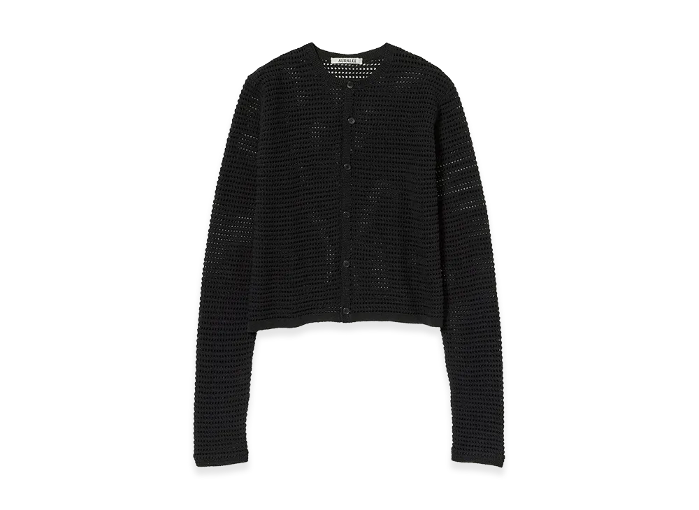 AURALEE Tussah Silk Cotton Mesh Knit Cardigan "Black"
