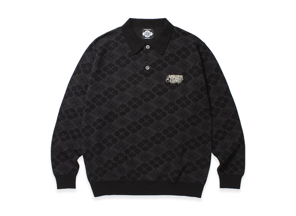 APHRODITEGANG GAKKIN x BUDSPOOL Hanabatsu Kamon Jacquard Knit Polo Shirt "Black"
