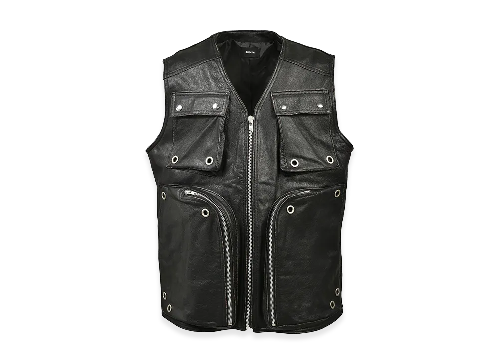 BREATH Grunge Leather Cargo Vest "Black"
