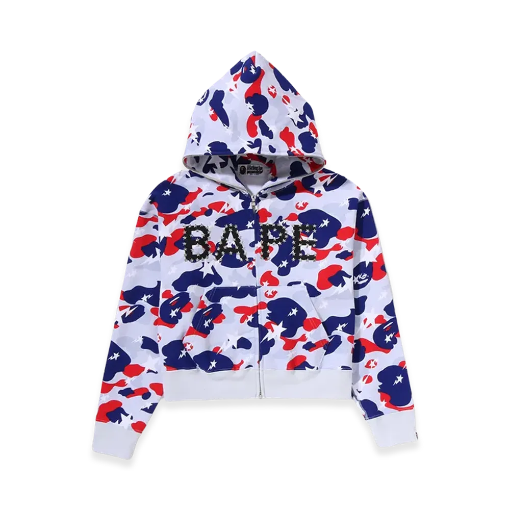 A BATHING APE Women's Sta Strike Camo Logo Cropped Full Zip Hoodie "White"