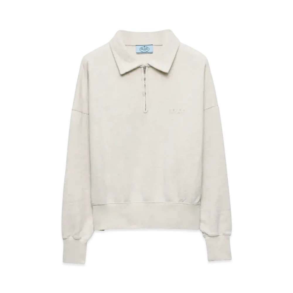 PRADA Women's Long-Sleeved Cotton Fleece Polo Shirt "Natural"