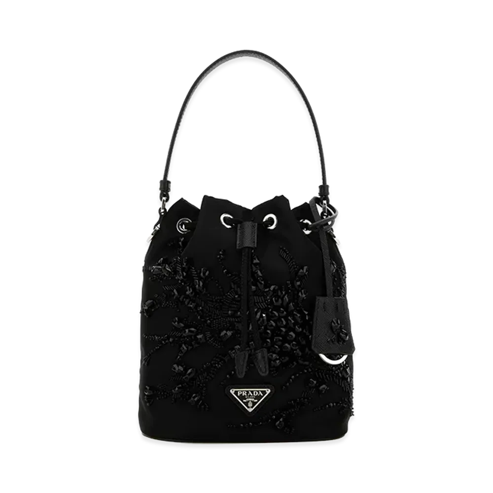 PRADA Wonen's Re-Nylon Embroidery Bucket Bag "Black"