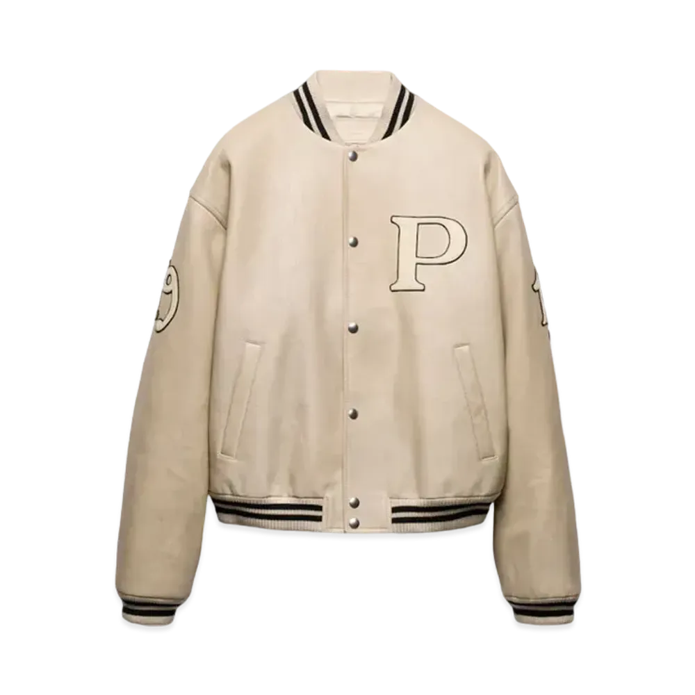 PRADA Men's Padded Leather Bomber Jacket "Ivory"