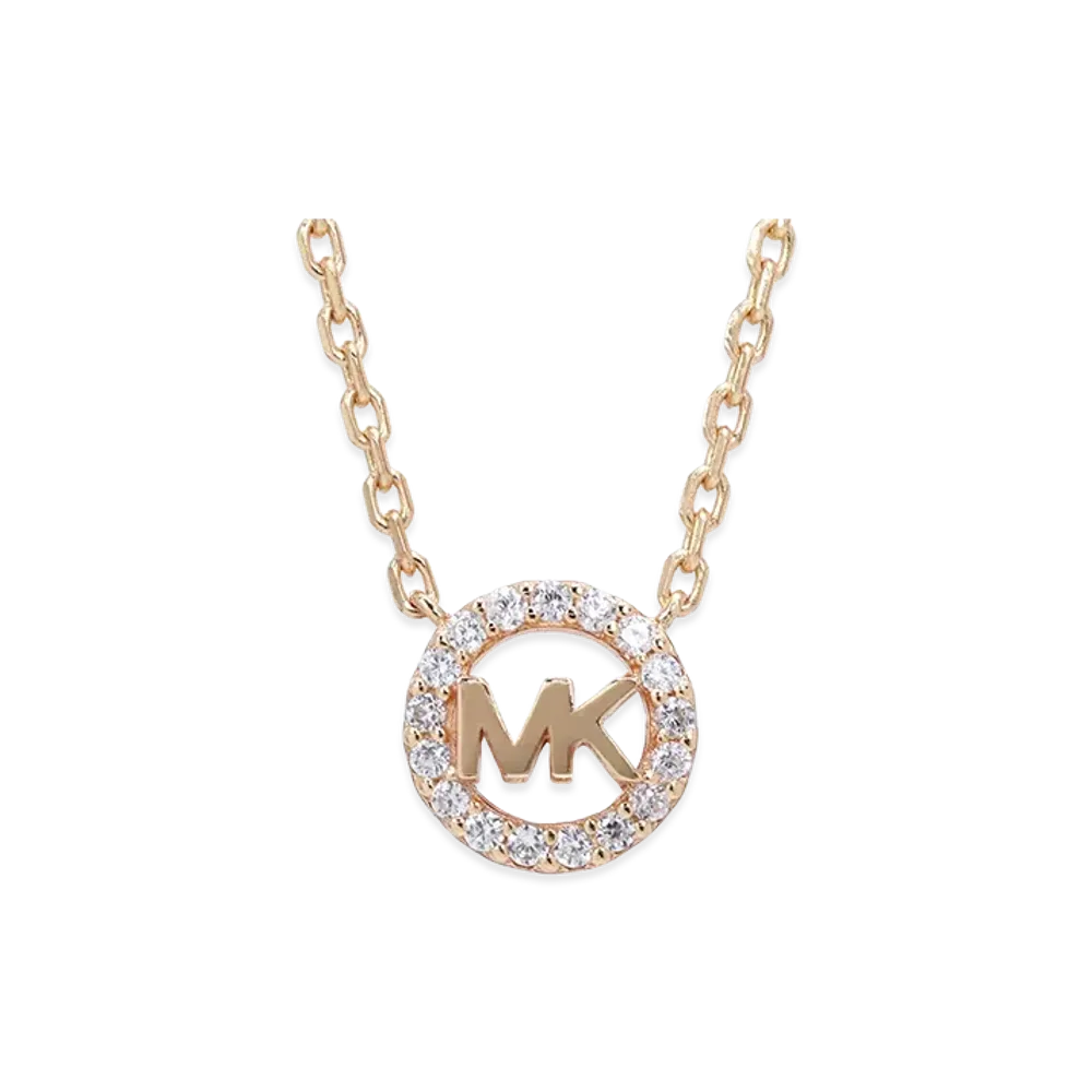 MICHAEL KORS Women's Fulton Precious Metal Sterling Silver Pave Logo Charm Necklace "Rose Gold Clear"
