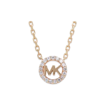 MICHAEL KORS Women's Fulton Precious Metal Sterling Silver Pave Logo Charm Necklace "Rose Gold Clear"