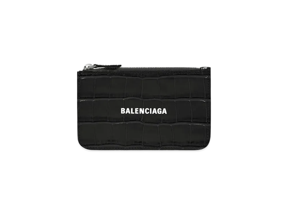 BALENCIAGA Cash Large Long Coin and Card Holder Shiny Crocodile Embossed Calfskin "Black/White"