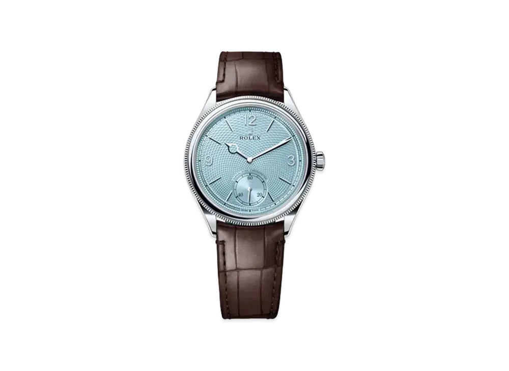 ROLEX 1908 39mm Polished Finish Perpetual Alligator Leather Strap "Platinum/Ice Blue/Matte Brown" 52506