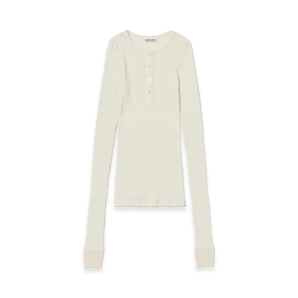 AURALEE Women's Organic Soft Rib Henley Neck P/O "Ivory"
