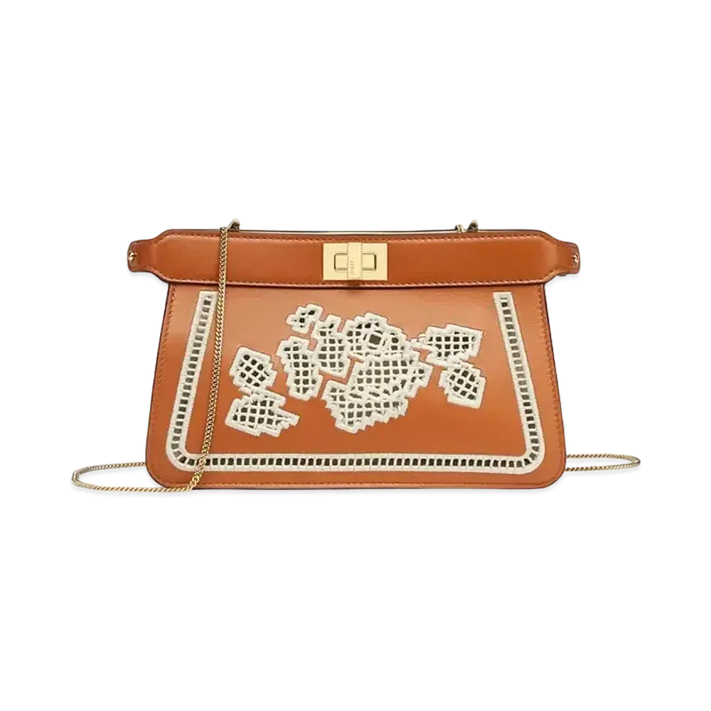 FENDI Peekaboo Iseeu Clutch Embroidered Leather Bag "Brown"
