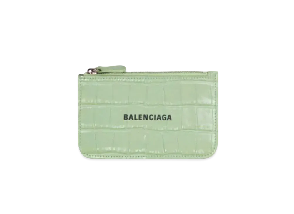 BALENCIAGA Cash Large Long Coin And Card Holder In Shiny Crocodile Embossed Calfskin "Light Green"
