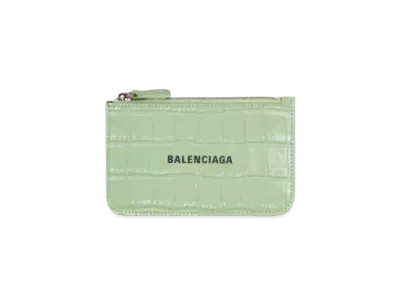BALENCIAGA Cash Large Long Coin And Card Holder In Shiny Crocodile Embossed Calfskin "Light Green"