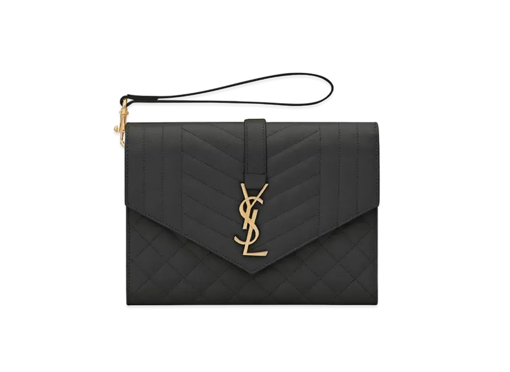 SAINT LAURENT Monogram Clutch In Mix Matelasse Grain De Poudre Embossed Leather "Black"